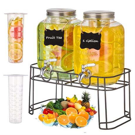 1 Gallon Glass Drink Dispensers for Parties, 2PACK Beverage Dispenser with