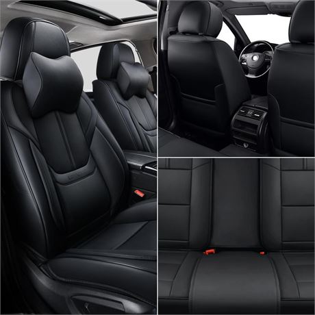 Black Car Seat Covers Full Set, 5 Seats Universal Leather Car Seat Covers,