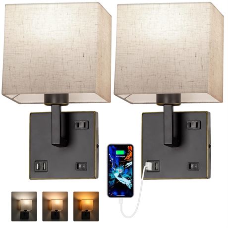 AVV Wall Sconce Lighting, Bedside Wall Mount Light with USB Port, AC Outlet and