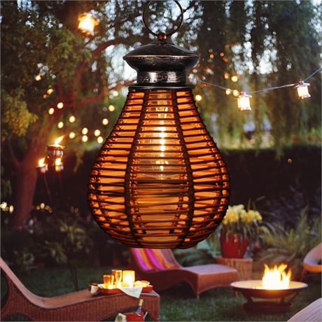 Outdoor Solar Hanging Lanterns Wicker Lamp Shade Boho Light Fixture Retro