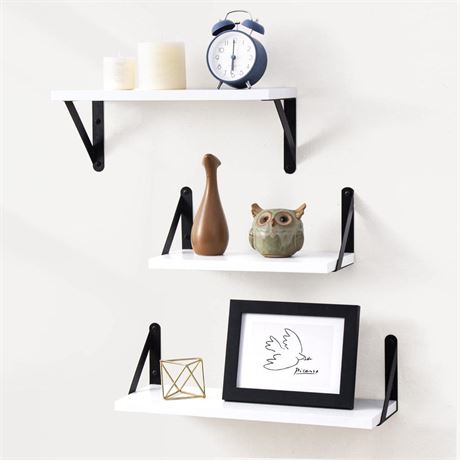 Fun Memories Floating Shelves, Set of 3 White Wall Mounted Shelf, Rustic Wood