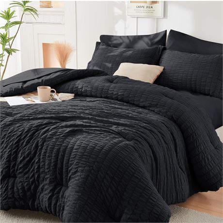 HYMOKEGE Black Oversized Queen Comforter Set Seersucker 7 Pieces, All Season