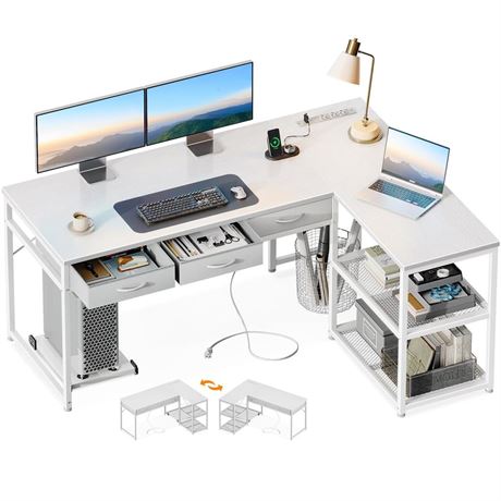 AODK 53 Inch L Shaped Computer Desk with Drawers, Corner Desk with Power