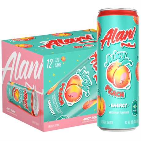 Alani Nu Sugar Free Energy Drink, Juicy Peach, 12 fl oz, 12 Pack, Cans, 200mg