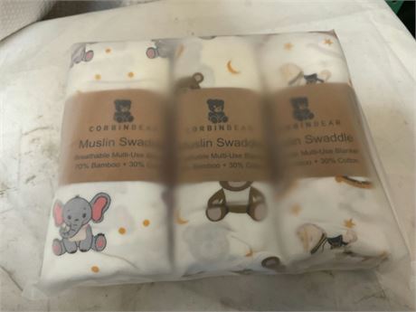 Corbin bear muslin swaddle 3 pack elephant , toy horse , and bear