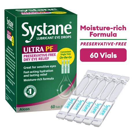 Systane Ultra Preservative Free Eye Lubricant Drops for Dry Eyes, 60 Count Vials