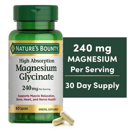 Nature's Bounty High Absorption Magnesium Glycinate Supplements, 240mg,
