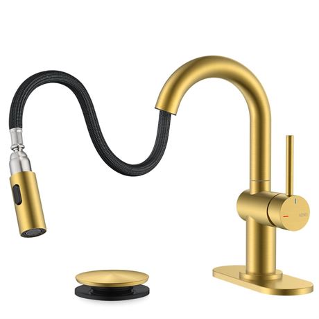 KENES Brushed Gold Single Handle Bathroom Faucet with Pull Out Sprayer, Pull