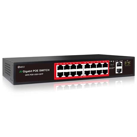 OFFSITE PoE Switch with 16 POE Ports +2 Gigabit Uplink,1 x 1.25G SFP,802.3af/at