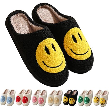 Happy Face Slippers Retro Cozy Comfy Plush Warm Slip-on Slippers Winter Soft