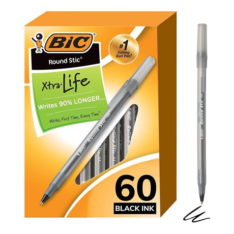 BIC Round Stic Xtra Life Ballpoint Pen, Medium Point 1.0mm, Black, 60-Count