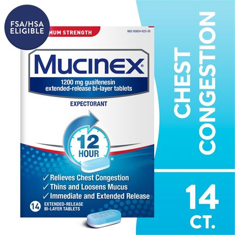 Mucinex 12 Hour Max Strength Expectorant, OTC Medicine for Excess Mucus Relief,