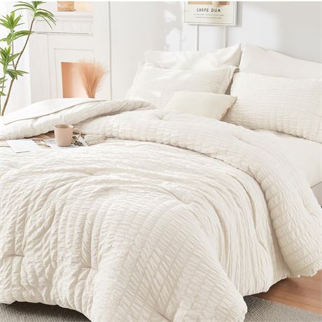 HYMOKEGE Ivory Full Size Comforter Sets Seersucker 7 Pieces, All Season Luxury