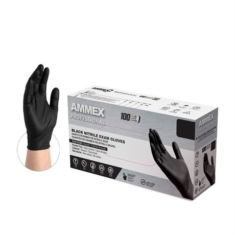 AMMEX Black Nitrile Exam Gloves, Box of 100, 3 Mil, Size Large, Latex Free,