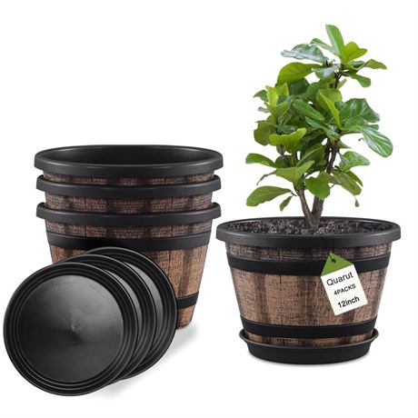 Quarut Plant Pots Set of 4 Pack 12 inch,Large Whiskey Barrel Planters with