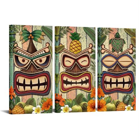 iHAPPYWALL 3 Pieces Vintage Tiki Bar Hawaii Picture Wall Art Funny Tiki Mask