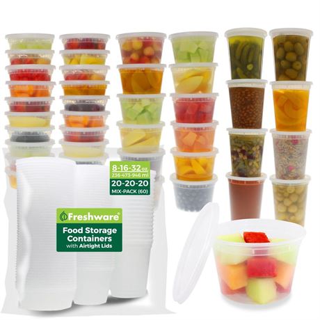 Freshware [60 Count] 8, 16, 32 oz, 20 sets each size Food Storage Containers