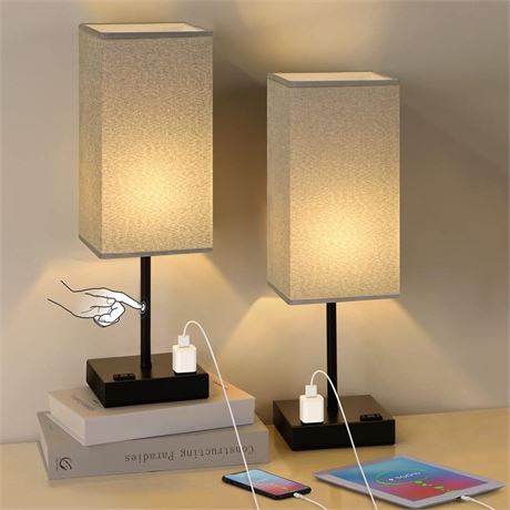 Grey Minimalist Nightstand Lamps Set of 2 Touch Control Side Table Lamps for