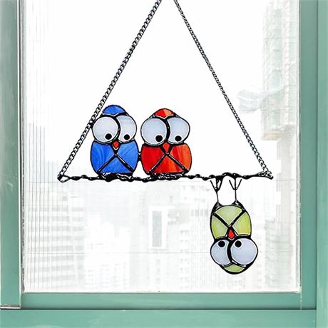 Multicolor Owls Stained Glass Suncatcher Panel, Bird Suncatcher for Windows