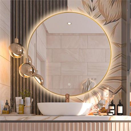 Niccy 24" LED Backlit Round Mirror for Bathroom, Gold Framed Vanity Light Wall