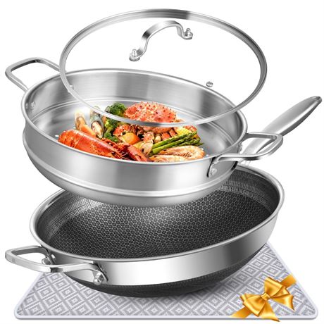 AOSION Hybrid 13 inch Stainless Steel Wok with Steamer, PFOA Free Cookware,