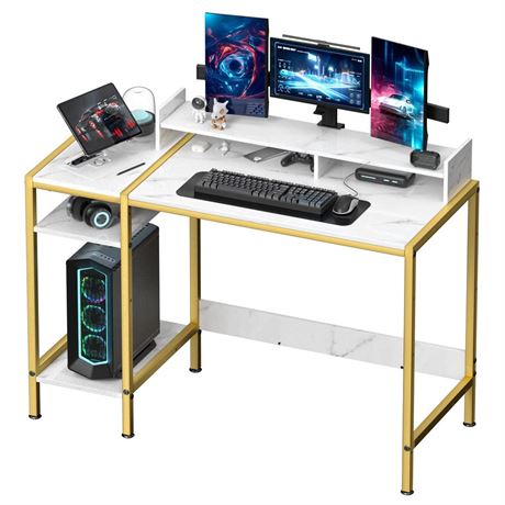 Gaming Desk with Monitor Stand, Storage and Marble Design - Adjustable Home