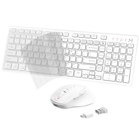 Wireless Keyboard Mouse Combo, USB Type C Rechargeable Slim Silent White