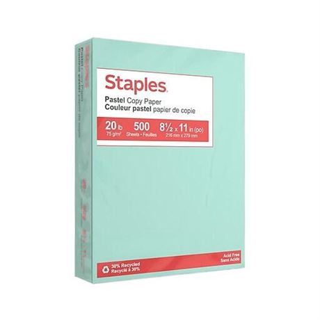 Staples Pastel 30% Recycled Color Copy Paper, 20 Lbs., 8.5" X 11", Turquoise,