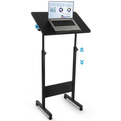 Mobile Podium Stand, Adjustable Standing Desk with Caster Wheels, Adjustable