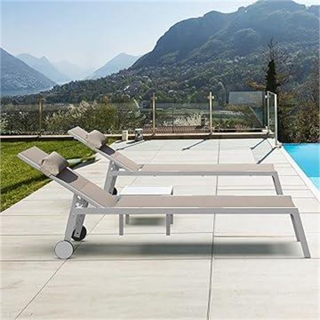 Domi Chaise Lounge Outdoor Set of 3, Lounge Chairs for Outside with Wheels,