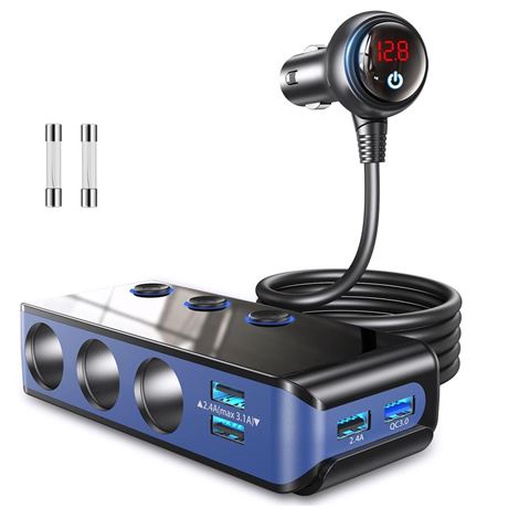 Cigarette Lighter Adapter Splitter Quick Charge 3.0, 3 Sockets 4 USB Ports