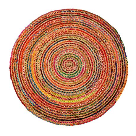 Round Rag Area Rug, Jute & Cotton Multi Chindi Braid Rug, Hand Woven &