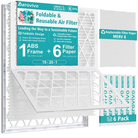 Foldable & Reusable 16x20x1 Air Filter MERV 8, 1 Pack Reusable ABS Frame with 6