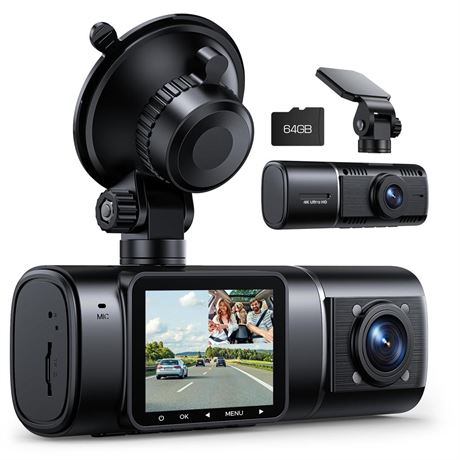 Dual Dash Cam 4K, Dash Cam Front and Inside, Dash Camera for Cars with 64GB SD