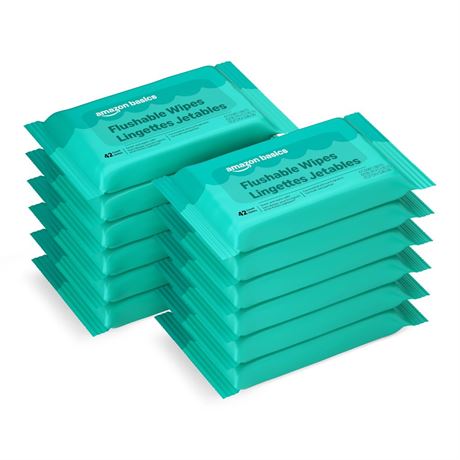 Amazon Basics Flushable Adult Toilet Wipes, Fragrance Free, 504 Count (12 Packs