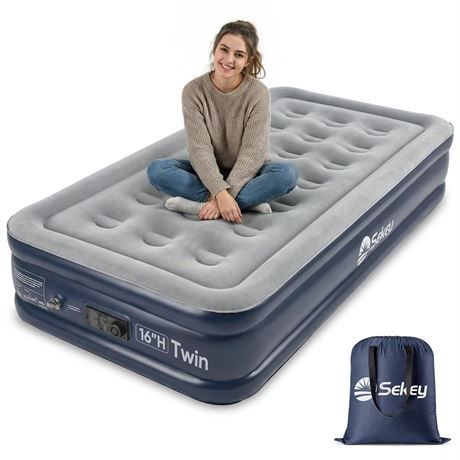 Sekey Twin Air Mattress with Built in Pump, 16" Raised Compact Blow up