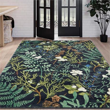 Vintage Botanical Botanical Floral 5x7 Area Rug Washable, Cute Moody Black