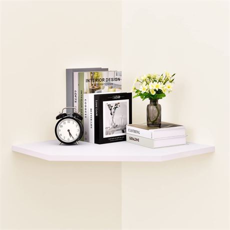 White Corner Wall Shelf, 20-Inch Pentagon Floating Corner Shelf with Wire Cable