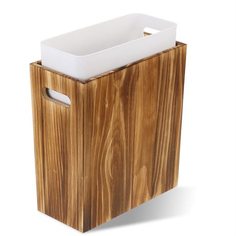 3 Gallon Wooden Trash Can with Liner, Wood & Plastic Bathroom Trash Can, Small