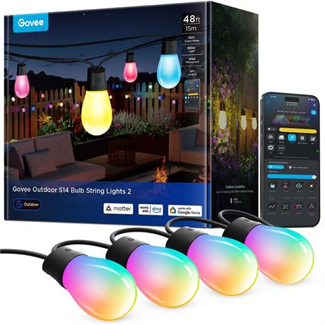 Govee S14 Bulb Outdoor String Lights 2, 48ft Smart RGBIC Warm White Patio