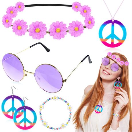 6 Pcs Hippie Costume Accessories Set, Boho Peace Sign Daisy Flower 60s 70s