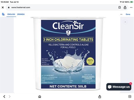 CleanSir 50 LB 3" Chlorine tablets - 99% Trichlor, Slow Dissolving Pool & Spa