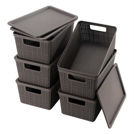 6 Pack Plastic Storage Baskets With Lids,Grey Breathable Stackable Storage