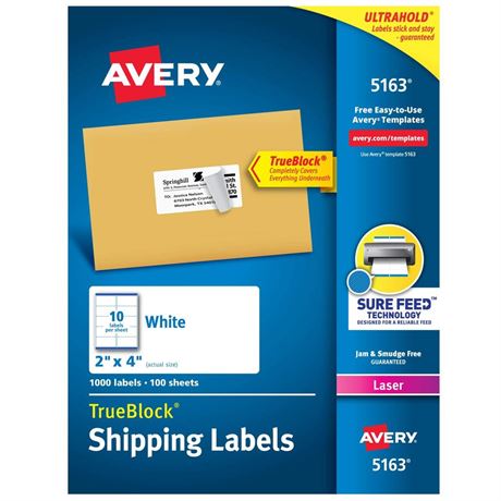 Avery Printable Shipping Labels with Sure Feed, 2" x 4", White, 1,000 Blank