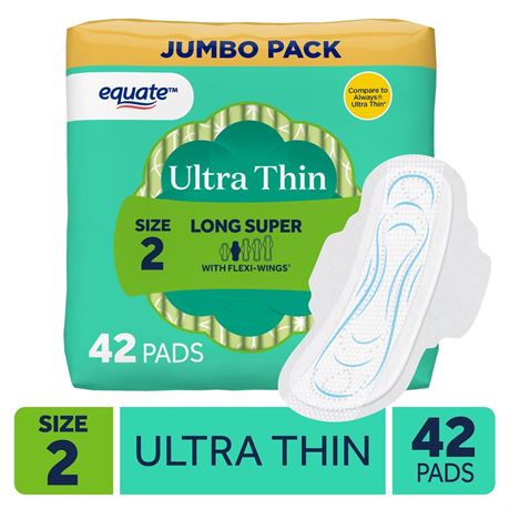Equate Ultra Thin Pads with Flexi-Wings, Long Super Absorbency, Size 2, 42 Count