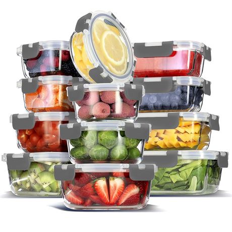 EATEX 24pc Glass Storage Containers with Lids, 12 Glass Food Storage Containers