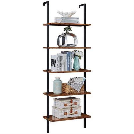 Industrial Ladder Shelf, 5-Tier Wood Wall-Mounted Bookcase with Stable Metal