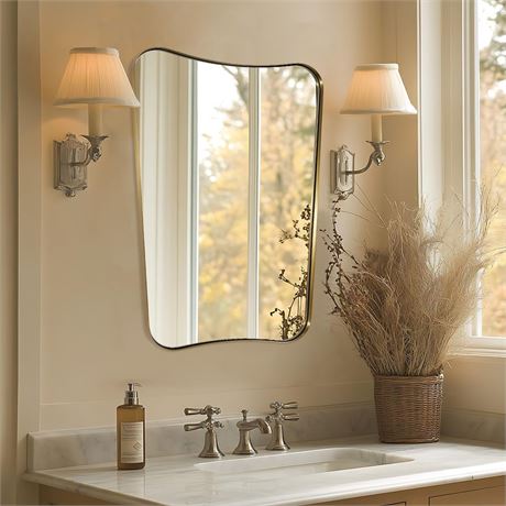 MIRRORART Brushed Gold Mirrors 22x30'', Irregular Brass Wall Mirror Butterfly