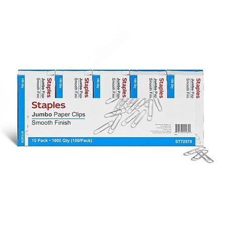 Staples Smooth Paper Clips, Jumbo, Silver, 100/Box, 10 Boxes/Pack