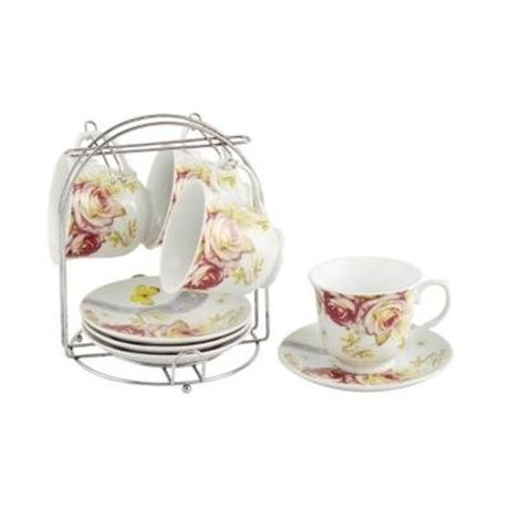 Lorren Home Trends Set of 4 Coffee Cups on Metal Stand - Pink Floral